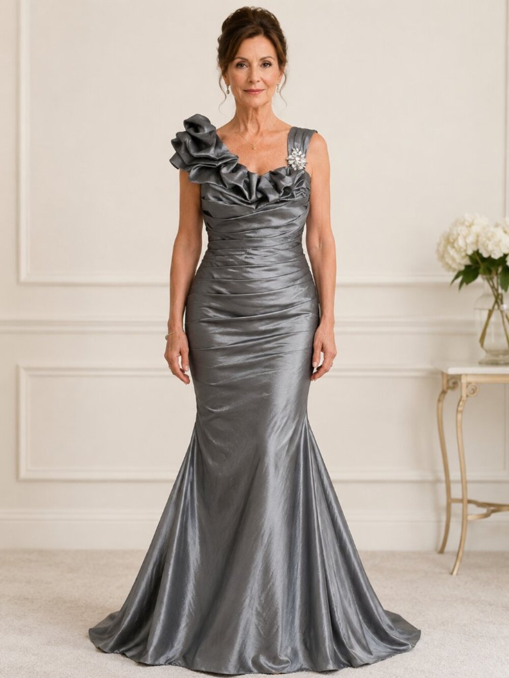 Jade Couture Pewter Ruched Mermaid Formal Gown Size 14